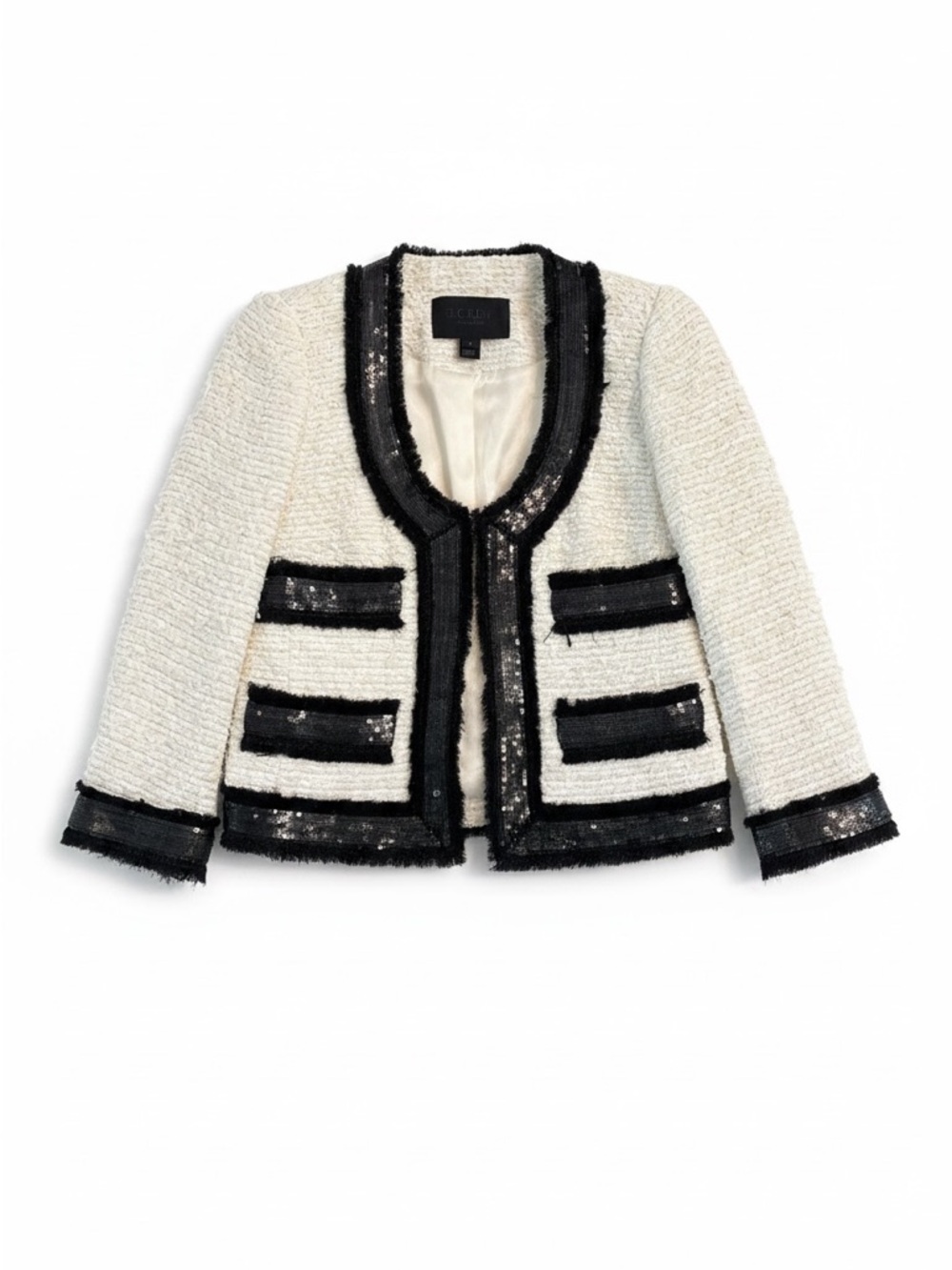 J. Crew Collection Sequin-Trim Tweed Lady Jacket Cream/Black Size 0